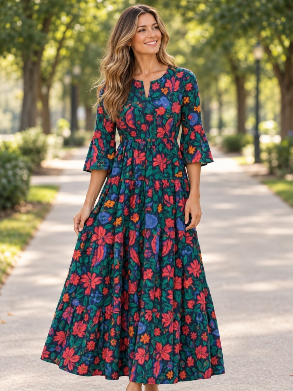 NWT Leota Sariah 3/4 Sleeve Floral‎ Cotton Poplin Maxi Dress Spring Summer